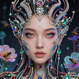 very beautiful woman integrating with technology, full face frontal centered, portrait, insipiring, detailed intricate ornate cables connected to head, big open electric eyes, luxurious detailed abundent wiring and implants, diamonds, ruby, sci - fi, neon, emeralds, detailed technology background with cyber flowers and insects, highly detailed, artstation, cgsociety, 8 k, laurie greasley