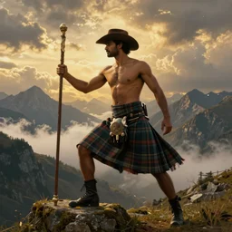 an ethereal dramatic beautiful painting of a handsome shirtless desi man in the mountains | he is wearing a scottish plaid kilt and cowboy hat, and holding a long staff | epic adventurous pose | background is mountains and clouds | dramatic lighting, golden hour, homoerotic | by clyde aspevig and albert bierstadt and caspar david friedrich | trending on artstation