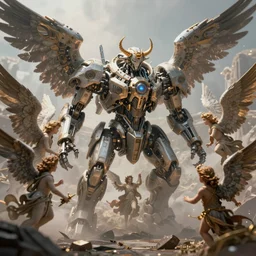 God's Angels and Cherubs in a war against a singular collosal futuristic machine,  tilt shift, realistic 4k octane beautifully detailed render, 4k post-processing, highly detailed, intricate complexity, epic composition, magical atmosphere, cinematic lighting, masterpiece, ultra hd