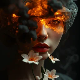 face closeup of woman, exploding into black smoke, 3 d render, hyper realistic detailed portrait, holding magic flowers, ruan jia, wlop. scifi, fantasy, hyper detailed, octane render, concept art, by peter mohrbacher, by wlop, by ruan jia