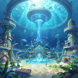 detailed interior of giant underwater marine theme park LeMU, Zweite Stock, anime key visual