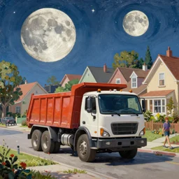 classic oil painting, a dump truck driving through a populated city street on the moon, as a dnd character, on a sunny populated suburban street, cottagecore, highly detailed, digital illustration, concept art, smooth, sharp focus, art by greg hildebrandt, and tim hildebrandt