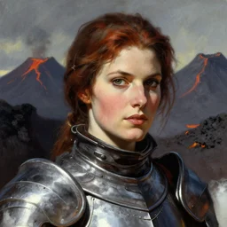 head and shoulders portrait of a female knight, portrait by jeff easley, portrait by frank frazetta, dramatic lighting, volcanic waste background, hq