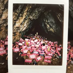 instax polaroid film photo of thousands of pink barbie VHS tapes and dolls found in a cave, nostalgia, faded glow, expired film analog photography