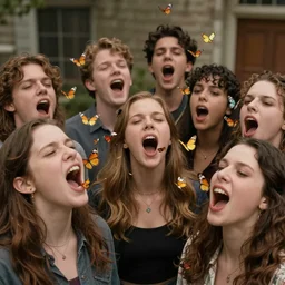 cgi movie still of random people burping up butterflies flying out of their mouths.
