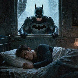 man sleeping in bed with hostile batman lurking in the window.