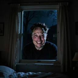 photograph at night of elon musk smiling creepily through your bedrooms window, midnight, bedroom, dark outside, night sky, horror art,
