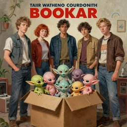 a group of people standing around a cardboard box full of alien babies, an ultrafine detailed painting by john philip falter, shutterstock, american scene painting, movie still, concert poster, poster art