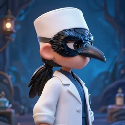 portrait of a cute feminine plague doctor, side angle, mystical blue background, raven mask, stunning 3 d render inspired art by greg rutkowski and xiang duan and thomas eakes, realistic, highly detailed attributes and atmosphere, dim volumetric cinematic lighting, 8 k octane detailed render, post - processing, masterpiece, soft vignette, vibrant colors