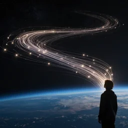 an impression of data lines flowing in space, light spots flowing alongside the lines, implying the flow of ever long connection, trending on  artstation, flowing within an interstater clouts!, making it's way across the vast universe, by cyril rolando, a person looking onwards from a planets surface