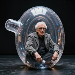 Marshall McLuhan trapped in a huge inflatable transparent tube with chrome effect