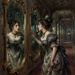 a masterpiece painting of a beautiful victorian woman is frightened by her doppleganger in a mirror. she is in a long hallway of mirrors. elegant design, haunting atmosphere, dimly lit, gothic, horror style, realistic, low angle, 3 / 4 view.