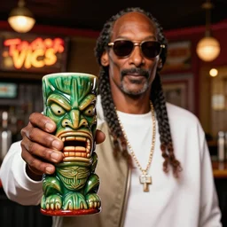 a closeup photorealistic photograph of snoop dogg at trader vic's bar while holding a snoop dogg themed tiki mug. brightly lit scene. this 4 k hd image is trending on artstation, featured on behance, well - rendered, extra crisp, features intricate detail, epic composition and the style of unreal engine.