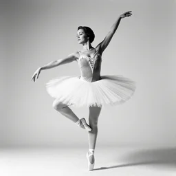 a black and white photo of a woman in a tutu by gordon parks, featured on cg society, art photography, studio portrait, provia, dynamic pose, highly detailed
