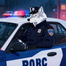 a anthropomorphic wolf police officer with white fur in a black uniform sitting in his patrol car at night while it rains. Neon light. Renowned character illustration by greg rutkowski, thomas kindkade, alphonse mucha, loish, norman rockwell. Trending on furaffinity.