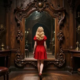 looking from behind at a young, beautiful girl with blonde hair wearing red walking through a very detailed wodden, spectacular, ornate mirror to another world, standing in a very dark, dimly lit room with wodden furnishing and dreamlike light incidence, realistic style, 4 k