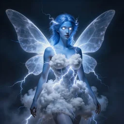 portrait of a lightning fairy, dress made of thunderclouds, electricity wings, blue skin, white glowing eyes, highly detailed, detailed face, smooth, sharp focus, chiaroscuro, digital painting, artgerm and greg rutkowski and alphonse mucha