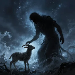 silhouette of a god man creating a lamb and tiger against the background of a starry sky, hyper realism, mystery, scared, fantasy, dark, highly detailed, digital painting, concept art, sharp focus, illustration, epic light, artstation digital art painting, dream wave aesthetic, ethereal, epic