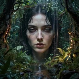 detailed face of a woman, lush, rustic craftsman garden, utopian, tech noir, vertical data streams, wet reflections, chiaroscuro, rim lighting, atmospheric, ambient, pj crook, syd mead, livia prima, artgerm, greg rutkowski, nick alm, casey baugh