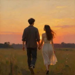 oil painting, happy lovers leaving together, walking towards the sunset, cinematic lighting, wow, establishing shot
