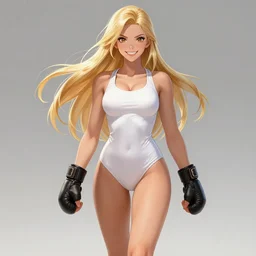 An athletic tall blonde woman with a winning and radiant smile, long blonde hair, wearing a white swimsuit and leather fighting gloves. Walking forward pose. Fighting shonen anime, digital painting by WLOP
