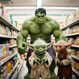 a mix between Hulk and Yoda and Dobby and gollum buying groceries in a seven eleven, center frame medium shot, shot on technicolor cinemascope 35mm anamorphic lense, flare