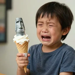 a very upset and crying kid holding an ice cream cone but the ice cream is replaced with a moai statue, 4 k photograph