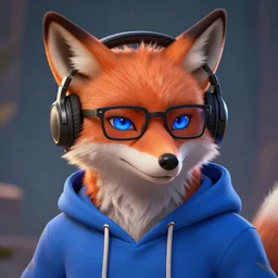 league of legends concept art anthropomorphic fox in blue hoodie, art by charles liu, geek glasses, black headphones, blue eyes, head frontview shot, fantasy style, soft lighting, vibrant color scheme, ultra detailed, volumetric lighting, octane render, commission art, 8 k wallpaper