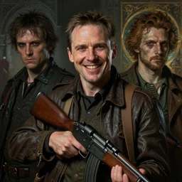 portrait painting of smiling simon pegg with a rifle, ultra realistic, concept art, intricate details, eerie, highly detailed, photorealistic, octane render, 8 k, unreal engine. art by artgerm and greg rutkowski and alphonse mucha