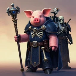 full character potrait of a genetic combination between minecraft pig & skeleton, holding a ceremonial staff, wearing a cloak, zdzislaw beksinski, lewis jones, dariusz zawadzki, wayne barlow, warhammer fantasy, cold hue's, warm tone gradient background, concept art, 4 k, ultra - high - definition