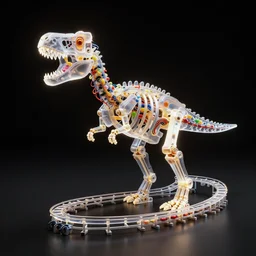 electron microscopy Simple translucent mechanic bionic lego dinosaur skeleton dissection sculpture made from rollercoaster, with colorfull jellybeans organs, cables, wires and tubes, by david lachapelle, by angus mckie, by rhads, in a dark empty black studio hollow, c4d, at night, rimlight, rimight, rimlight