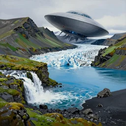 painting of iceland landscape with a blue glacier lake and a waterfall, green moss and black rocks and black sand, a large ufo crashed in the mountain, a detailed matte painting by christophe vacher, matte painting, ultra detailed, matte drawing