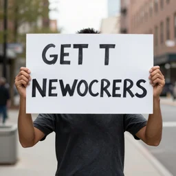 a guy holding a sign that says get out newcomers