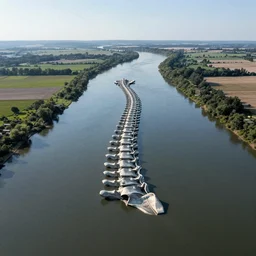 landscape photo of river in that mimics the shape of a human spine, wide shot, drone photo, golden hour, lush green vegetation