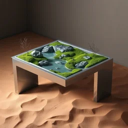 a modern desk made of rectangle tetris, made of silver steel and moss and water, octane render, trending on artstation, on the hard desert floor