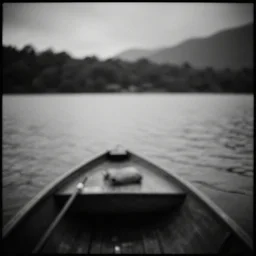 beautiful lake, boat, mystic, melancholy, pinhole analogue photo quality, lomography, blur, unfocus, cinematic, foil effect, holographic effect, monochrome