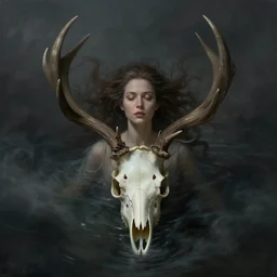 a woman wearing a deer skull floating in deep cloudy murky water!!!, hair drifting up, underwater atmospheric moody, dark surreal mood! cinematic volumetric lights, bust portrait, dnd, fantasy, intricate, elegant, highly detailed, digital painting, artstation, concept art, smooth, sharp focus, illustration, art by artgerm and tom bagshaw and greg rutkowski and alphonse mucha