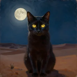 the illuminated mystic dark cat, softly lit from behind like a Catholic saint portrait, full moon night, in the desert. Portrait by Paul Bonner, oil on canvas