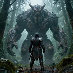 demon hunter standing in front of a huge monster in the forest, rain, 4 k, 8 k, blender, unreal engine, octane render