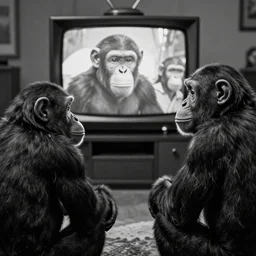 a black and white photo of two chimps watching television viewing planet of the apes, television, high quality, detailed, realistic, photo, render,
