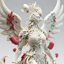 intricate hyper detailed ultra sharp focus 3 d render of a beautiful porcelain ivory fair seductive phoenix marie medium shot portrait, close - up, bright 3 point light studio, alexandre ferra white hexagonal mesh, cyberpunk mechanical haute couture huge fractal mycelum and fungi filigree lace, rasberry chili red sponge corals, huge magnolia goliath head ornaments, big embroidered leaves sinuous roots, octane render, pearls, volumetric cinematic lighting, 8 k, vray tracing, no dof, no blur