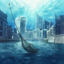 incredible wide screenshot, ultrawide, simple watercolor, rough paper texture, underwater london city, underwater downing street backlit shot, trawl fishing net, dredge, fish shoal, pencil marks, shinjuku, koji morimoto, katsuya terada, masamune shirow, tatsuyuki tanaka hd, 4 k, remaster, dynamic camera angle, deep 3 point perspective, dynamic lighting