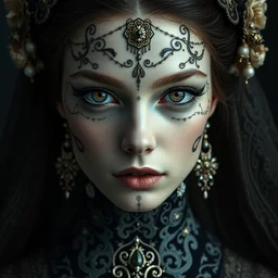 portrait of beautiful female model, perfect symmetrical face and looks, beautiful eyes, by irakli nadar with intricate detailed wearing victorian dress designed by alexander mcqueen and rocky gathercole, haunting, elite, elegant, ruan jia, dark, hyper detailed, concept art, by gustav klimt, studio photography using canon r 3