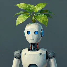 a portrait of a robot, having a plant on his head, style of dang my linh