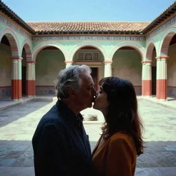 out of focus, dof a kiss in the foreground, photography by saul leiter and ernst haas in an empty decorated pompeii court, airforce blue, red, bright pale green, no people