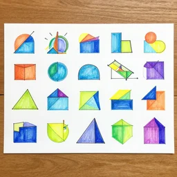 on a wooden table, a huge sheet of paper on which are drawn many separate geometric shapes of various sizes and colours