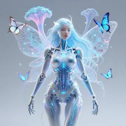 cybernetic queen with neon accents in her 3 d bioluminescent radically alive world of fungal fractals and butterflies, circuitry and electricity, intricate mycelial lace, fractalpunk, rococo, ultra detailed, intricate details, ornate, hyperrealistic, octane render, inspired by ross tran & brian froud & james jean & android jones & william morris & ernst haeckel & alphonse mucha