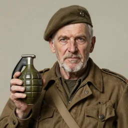 old man portrait, ww 2 hand grenade in his left, he pulling pin, greg rutkowski art