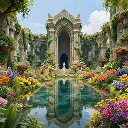 photography of a hyper realistic lost celtic elven temple in a magical fantasy garden, mirroring water, colorful flowers, epic scale, insanely complex, hyperdetailed, sharp focus, hyper realism, artstation, cgsociety, 8 k, bright colors, by takato yamamoto, unreal engine 5