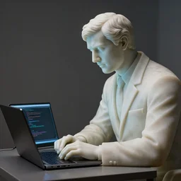 marble statue of a developer debugging code on his laptop, portrait lighting